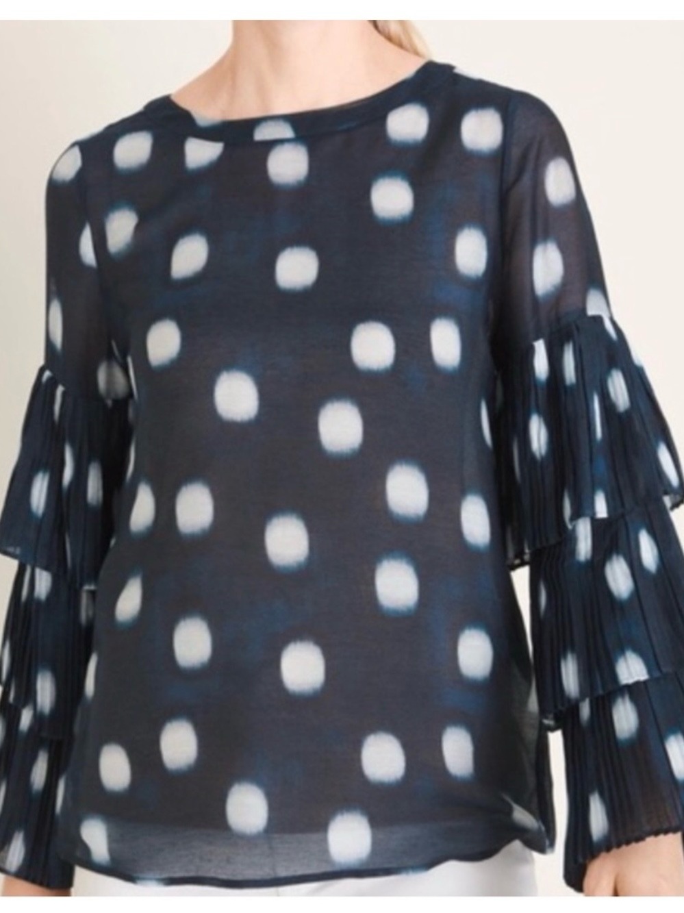 Chico’s 1- 8/10 Tiered Bell-Sleeve Polka Dot Blouse - Navy and White